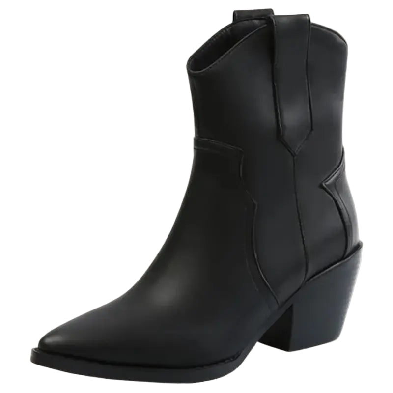 Svarta kvinnors korta cowboystövlar i modern westernstil. Trendiga damstövlar med klack, perfekta för höst/vår.