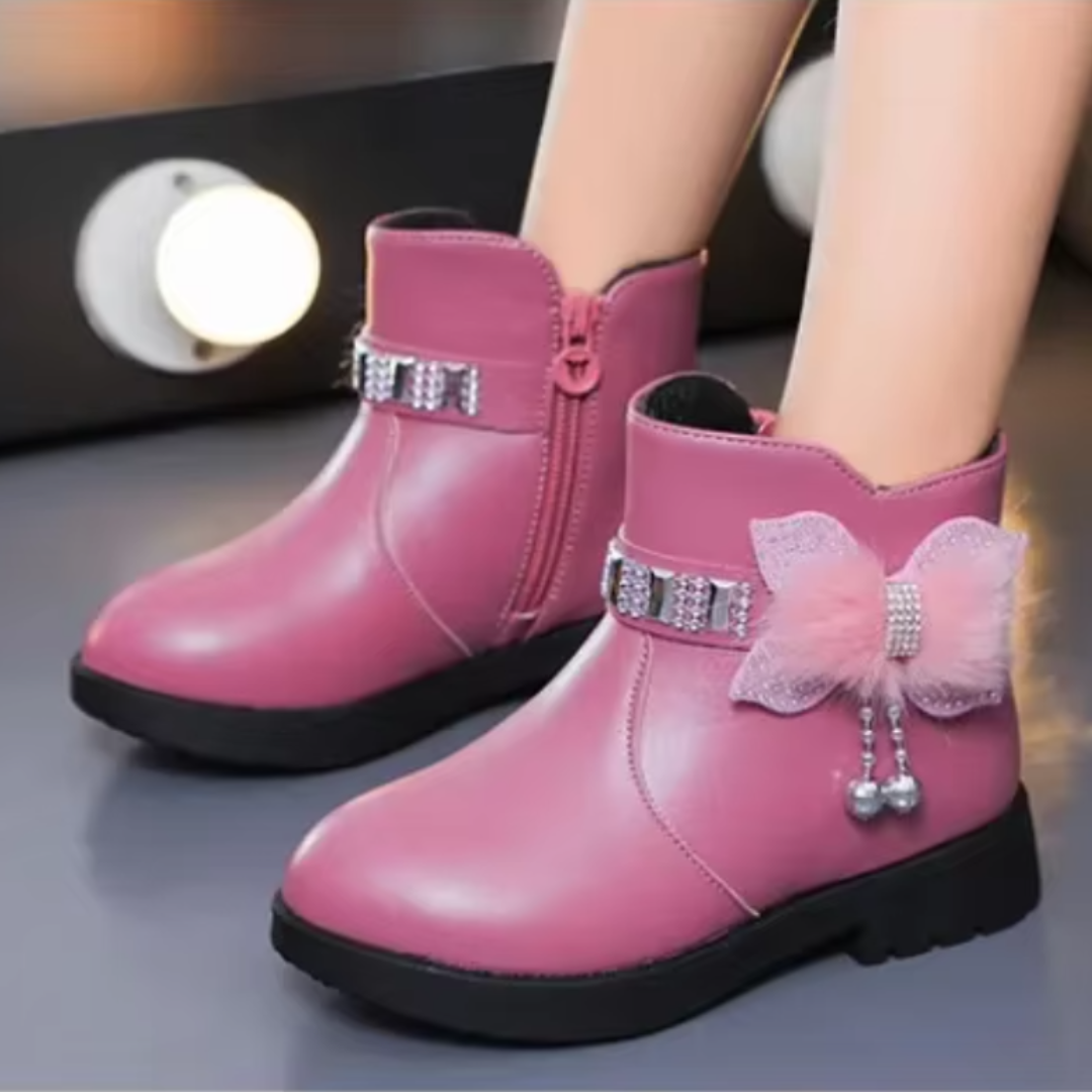 Flickors ljuslila PU-läderstövlar, mellanhöga, med rosett fram, idealiska för vintern.
