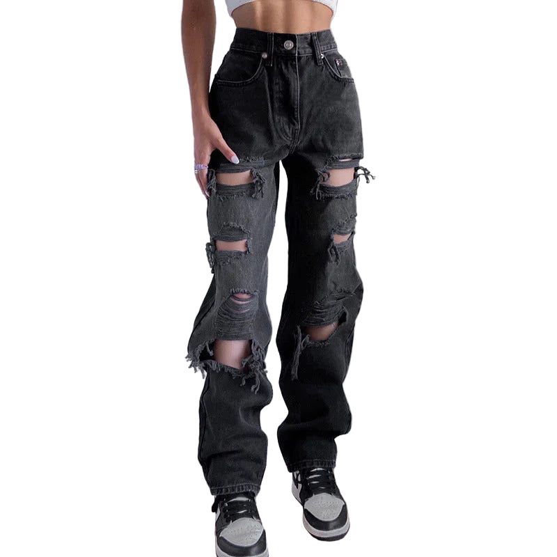 Svarta rippade jeans för kvinnor med rå fåll och medelhög midja, perfekt för vår- och sommarmode