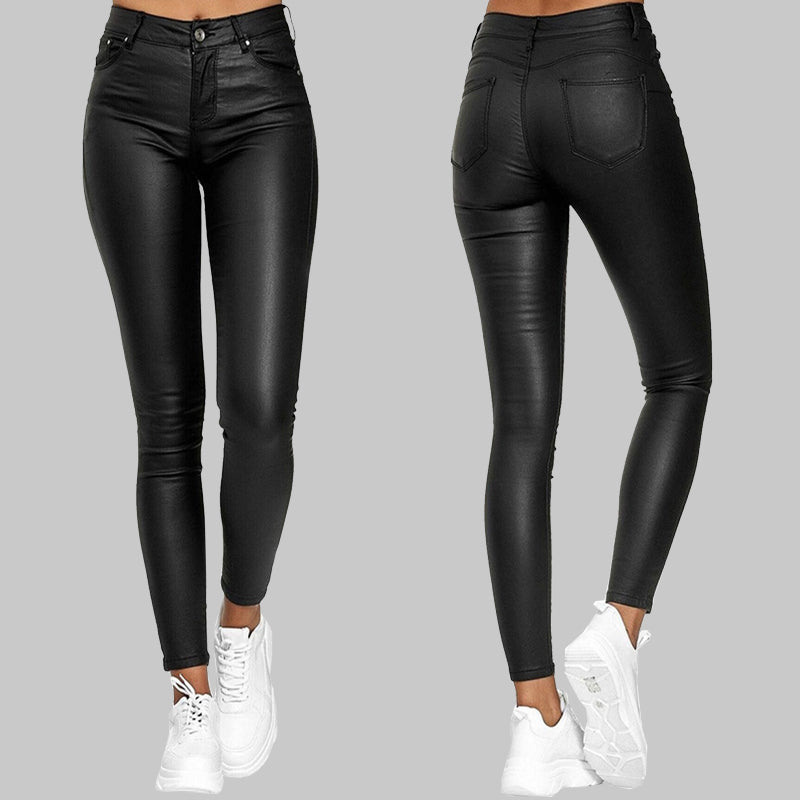 Svarta slim fit konstläderbyxor med hög midja för damer, perfekt för en chic vardagslook.