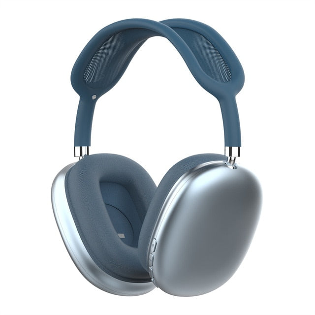 Blå trådlösa Bluetooth-hörlurar för musik, med inbyggd mikrofon och bekväm on-ear-design.