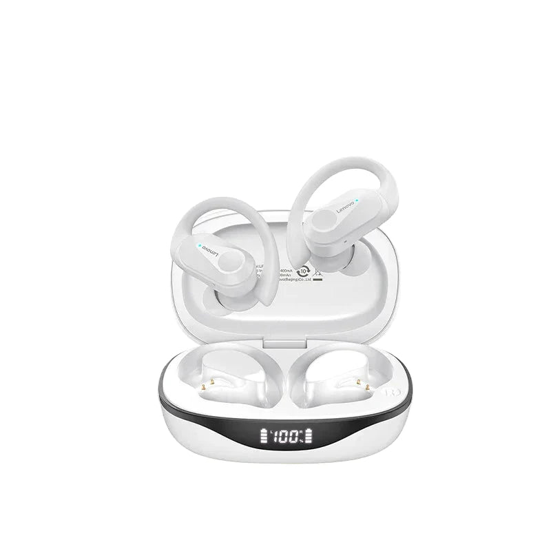 Svarta trådlösa in-ear sporthörlurar med Bluetooth 5.3 för träning, lång batteritid och brusreducering.