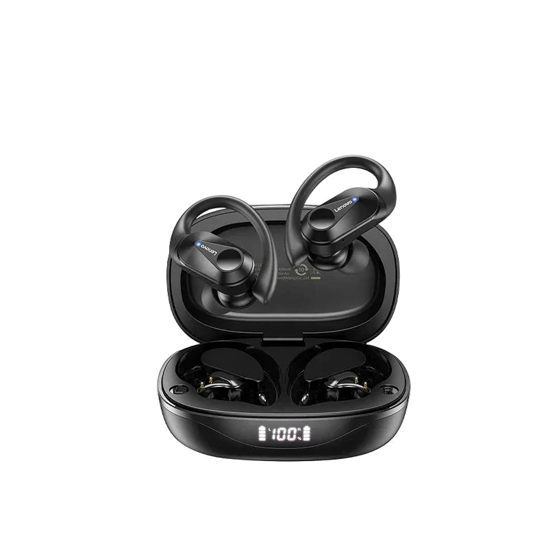 Person som tränar med vattentåliga in-ear sporthörlurar, Bluetooth-anslutning och säker passform.