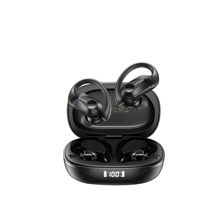 Person som tränar med vattentåliga in-ear sporthörlurar, Bluetooth-anslutning och säker passform.