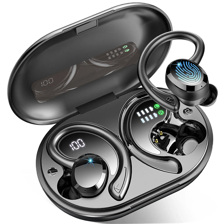 Trådlösa sporthörlurar med IP7-vattentäthet, brusreducering och lång batteritid i elegant svart design.
