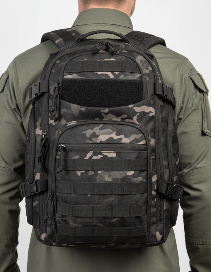 Mångsidig taktisk ryggsäck 35L med MOLLE-system och laptopfack, perfekt för resa.