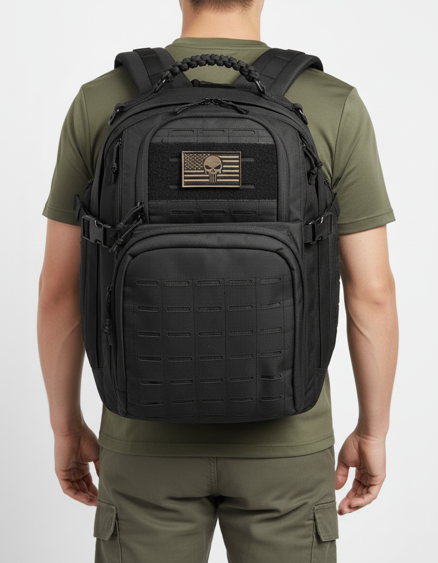 Ergonomisk taktisk 35L ryggsäck, rymlig för utrustning vid vandring och resor.