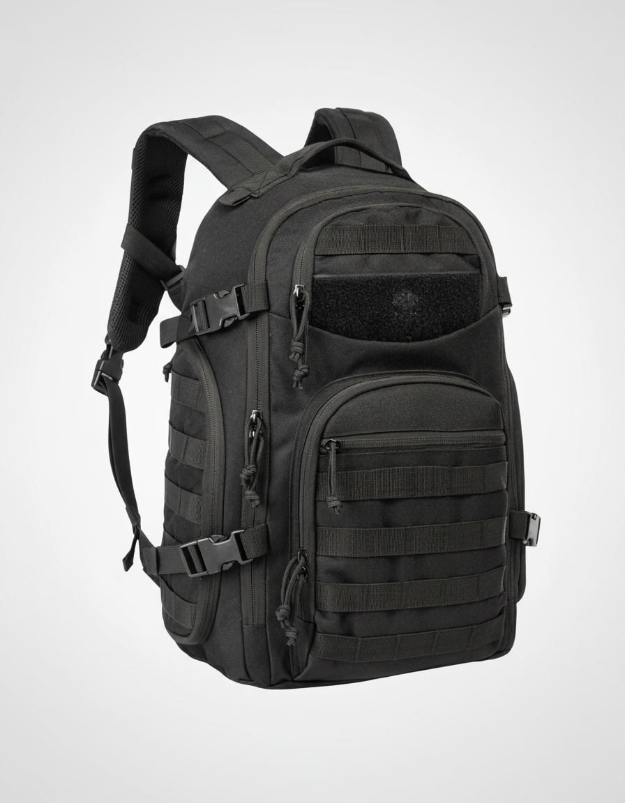 Frontvy av taktisk ryggsäck 35L med MOLLE-band för anpassning, redo för äventyr.