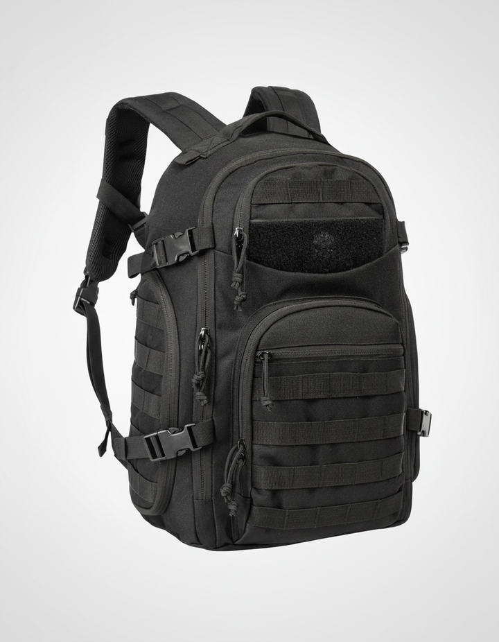 Frontvy av taktisk ryggsäck 35L med MOLLE-band för anpassning, redo för äventyr.