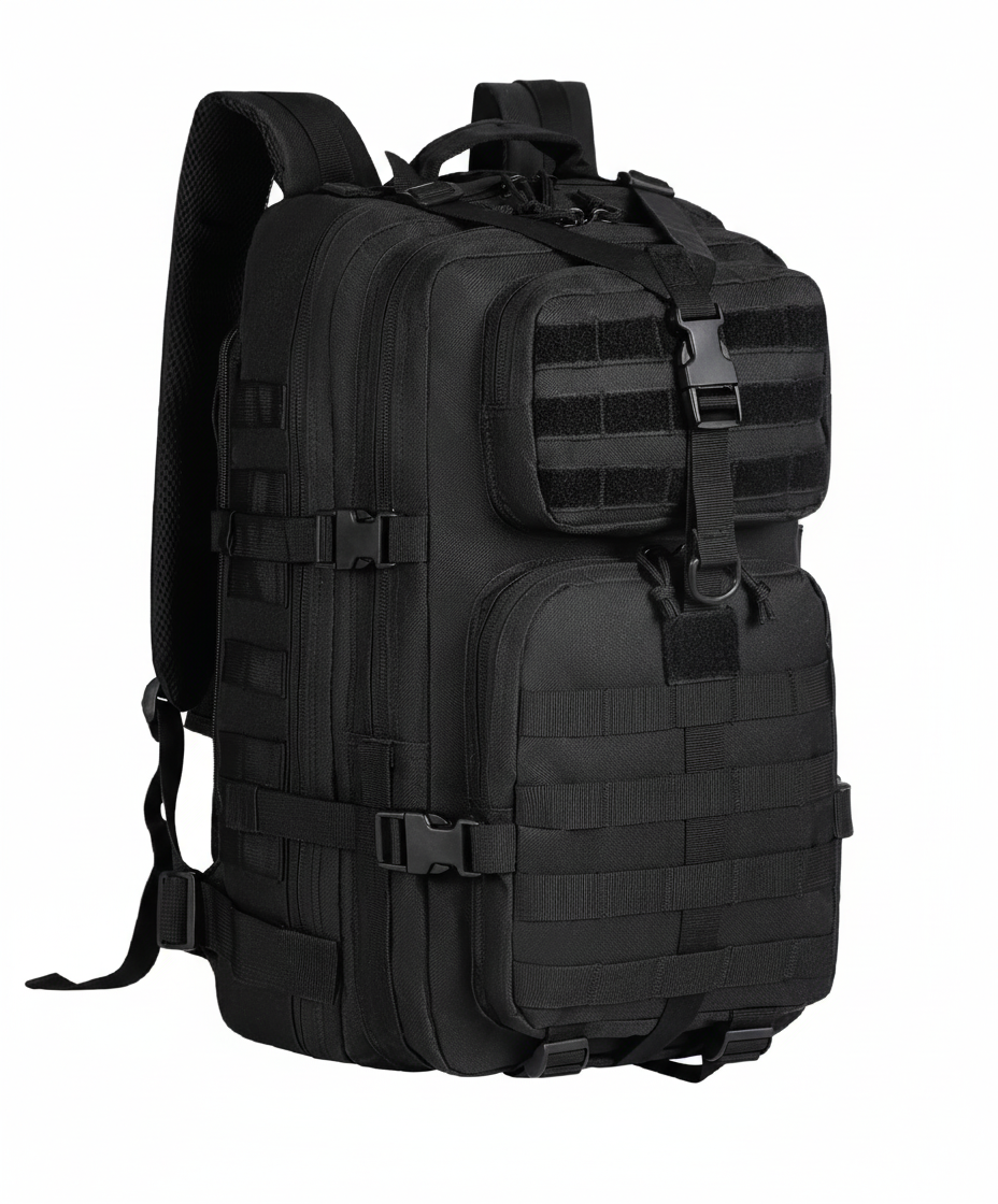 Reseryggsäck 35L, vattentålig och taktisk med laptopfack, idealisk för vandring.