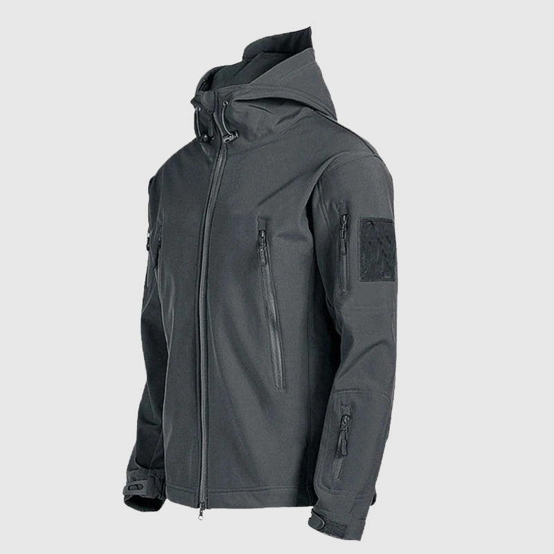 Vindtätt herrjacka och byxset, optimalt för friluftsliv och camping i alla väder. Taktisk design.