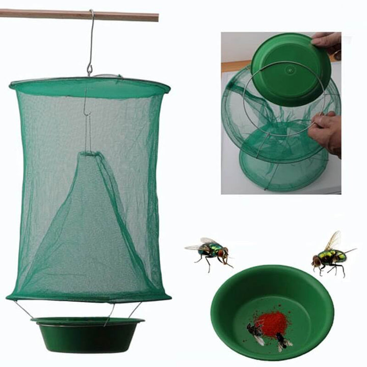 Återanvändbar flugfälla för effektiv insektsbekämpning utomhus i trädgård och stall.