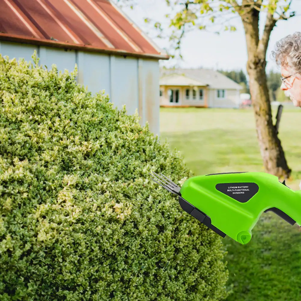 Trådlös batteridriven 2-i-1 häcksax/grästrimmer med lång räckvidd. Effektivt trädgårdsverktyg.