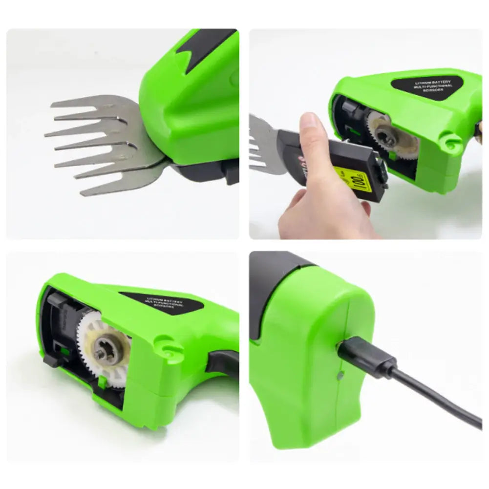 Handtag på trådlös 2-i-1 häcksax/grästrimmer. Ergonomisk design för bekväm klippning av trädgård.