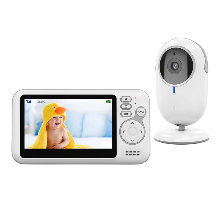 Trådlös babymonitor med kamera & tvåvägskommunikation, vit, visar barnkammare. Trygghet för föräldrar.