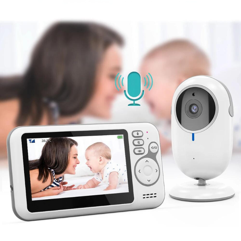 Närbild trådlös babykamera med IR-nattvision, svart lins, vit bas. Optimal babyövervakning.