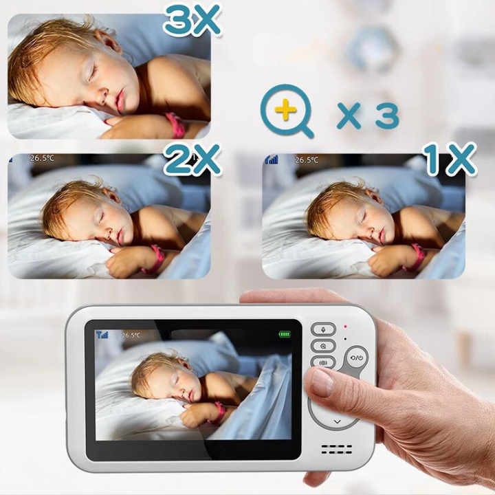 Vinklad bild av babymonitorkamera på nattduksbord, övervakar sovande baby i spjälsängen. Tydlig nattvision.