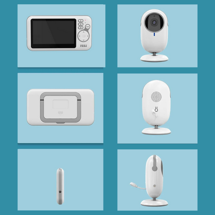 Detaljbild på trådlös babykamera, fokus på mikrofon och högtalare för tvåvägskommunikation. Modern design.