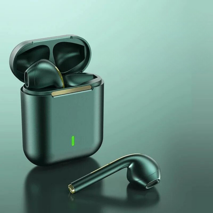 Förpackning med Trådlösa Bluetooth-hörlurar. Förpackningen är stilren och framhäver produktens funktioner.