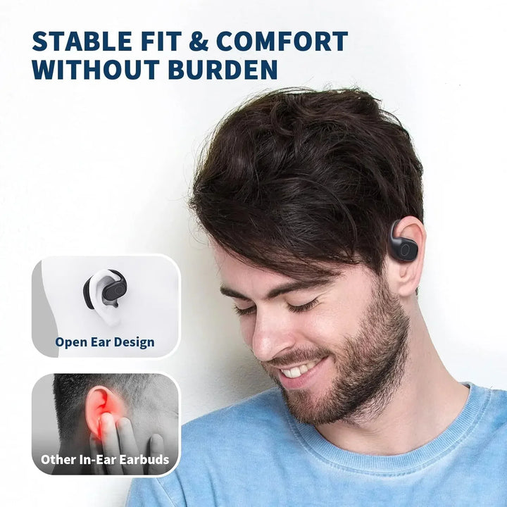Trådlösa öronhörlurar med öppen design. Perfekta för samtal och musik under aktivitet, snabbladdning, komfort.
