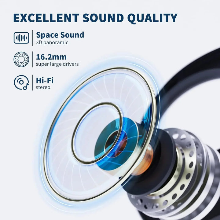 Ergonomiska trådlösa hörlurar med öppen design. Ger komfort och frihet för aktiva dagar med musik och samtal.