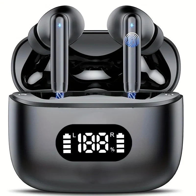 Trådlösa in-ear hörlurar för sport med brusreducering och tydlig LED-display. Perfekt för träning och musik.