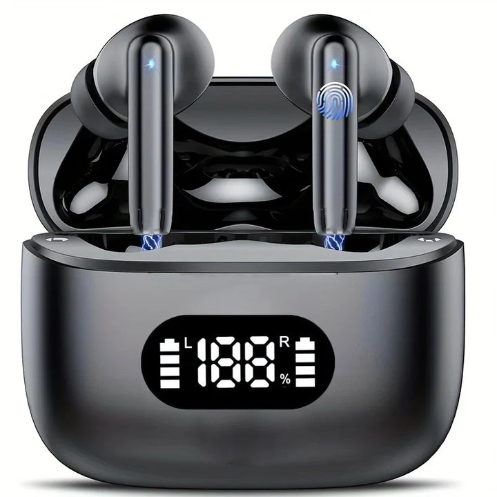 Trådlösa in-ear hörlurar för sport med brusreducering och tydlig LED-display. Perfekt för träning och musik.