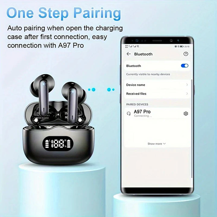 Snygga in-ear hörlurar med LED-display och brusreducering, perfekta för musik & samtal under alla aktiviteter.