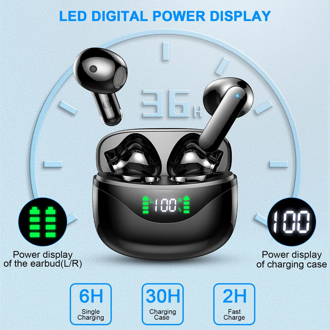 Trådlösa in-ear hörlurar med tydlig LED-display och Bluetooth. Lång batteritid för oavbruten musikupplevelse.