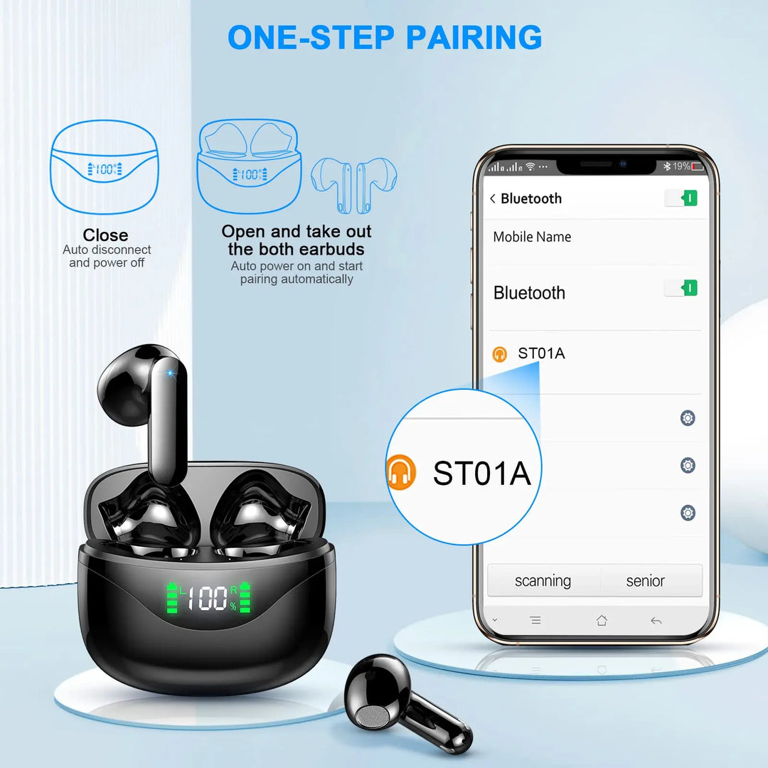 Kompakta trådlösa in-ear hörlurar med brusreducering och laddningsfodral med LED-display. Perfekt för resan.