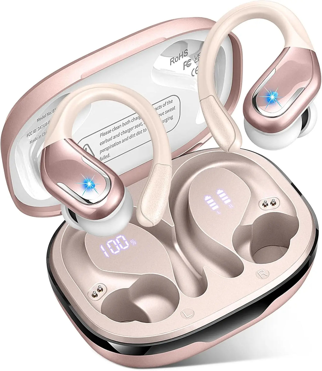 Bluetooth 5.3 in-ear hörlurar för sport, med tydlig mikrofon och robust vattentålig design.