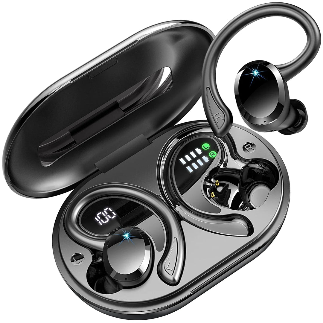 Trådlösa in-ear sporthörlurar, vattentåliga för träning och löpning. Perfekt för aktiv livsstil.