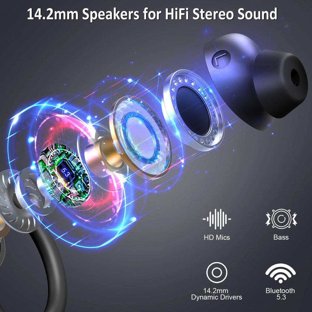Bluetooth in-ear hörlurar med säker passform, idealiska för gym och utomhussport. Grymt ljud.