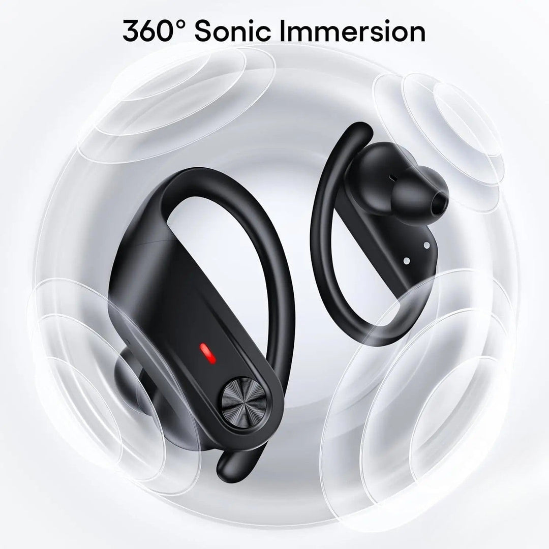 Svarta trådlösa in-ear sporthörlurar, vattentäta IPX7, idealiska för löpning och aktiv träning med Bluetooth.
