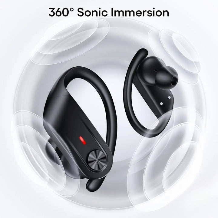 Svarta trådlösa in-ear sporthörlurar, vattentäta IPX7, idealiska för löpning och aktiv träning med Bluetooth.