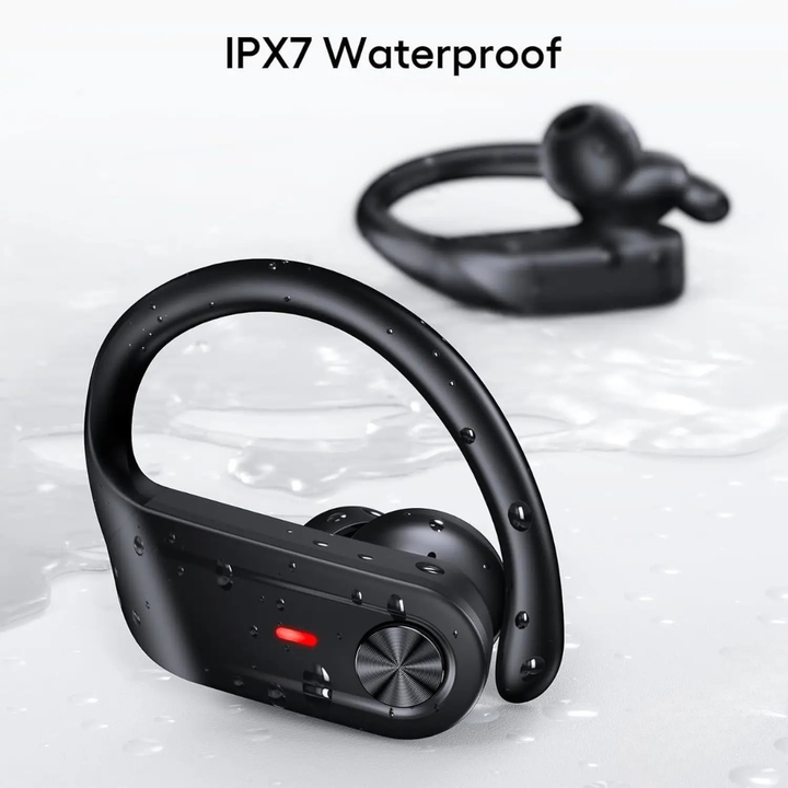 IPX7-klassade trådlösa hörlurar för träning med Bluetooth, lång batteritid och hög ljudkvalitet för aktiv livsstil.