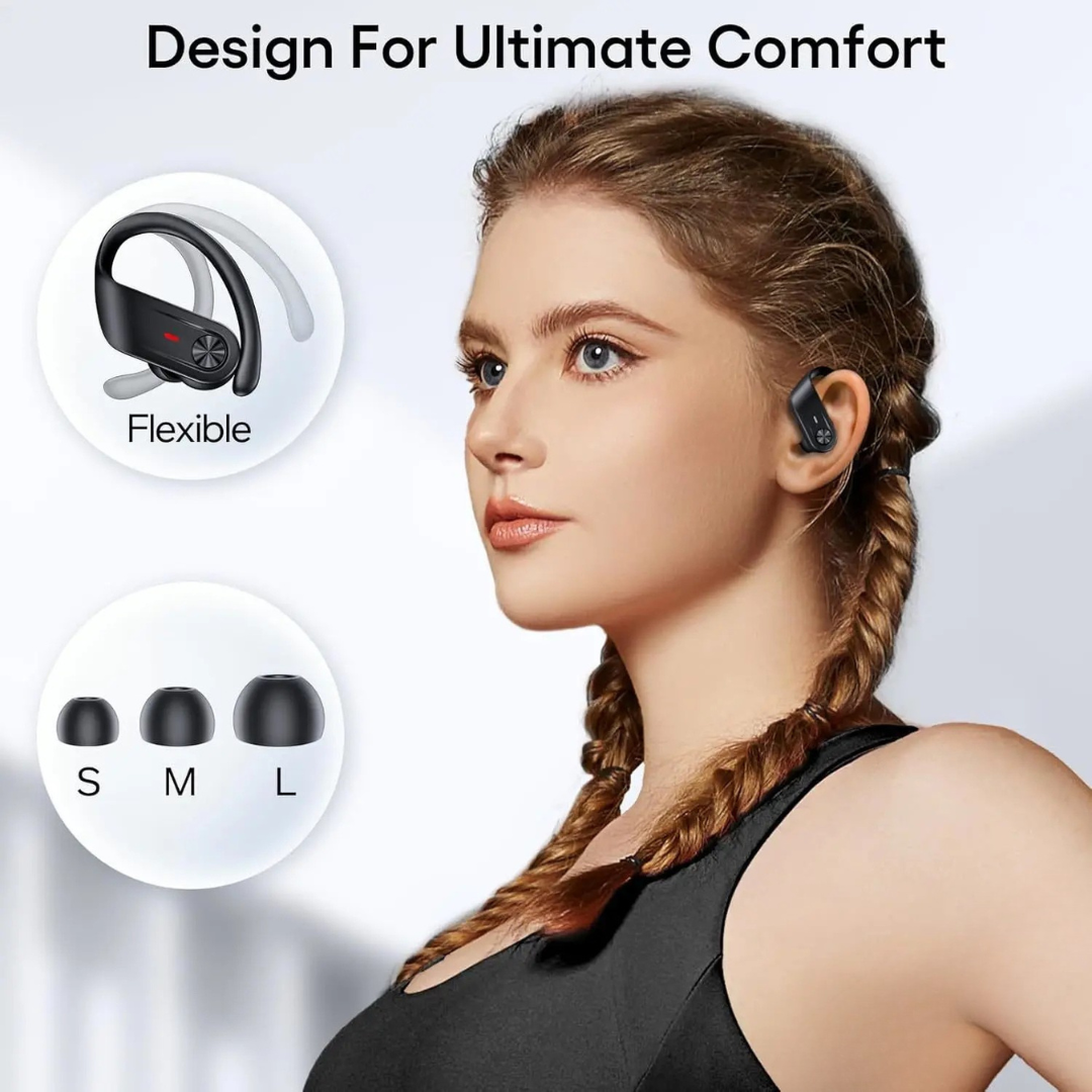 Trådlösa sporthörlurar med Bluetooth 5.0, in-ear design, IPX7 vattentåliga. Perfekta för aktiv träning och hög ljudkvalitet.