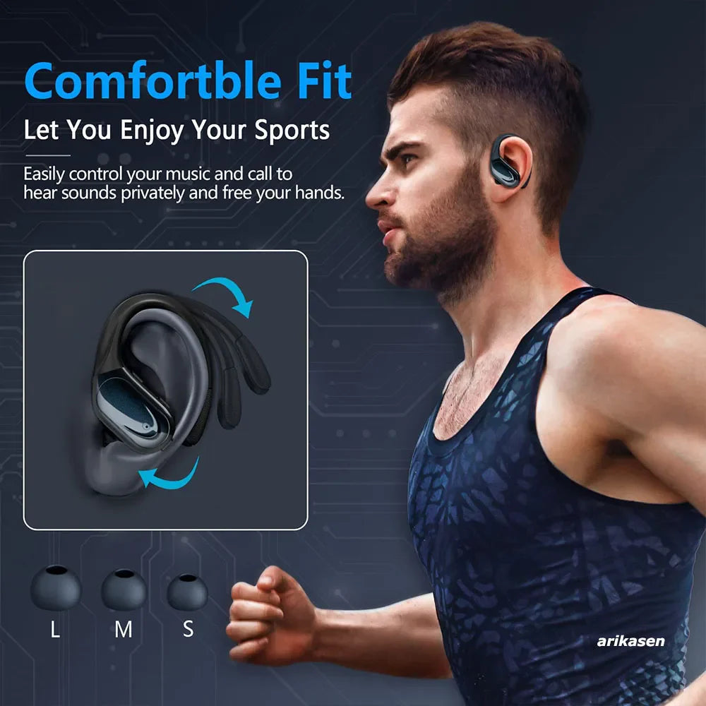 Trådlösa träningshörlurar med stabil Bluetooth 5.3 anslutning. Perfekta för aktiv livsstil.