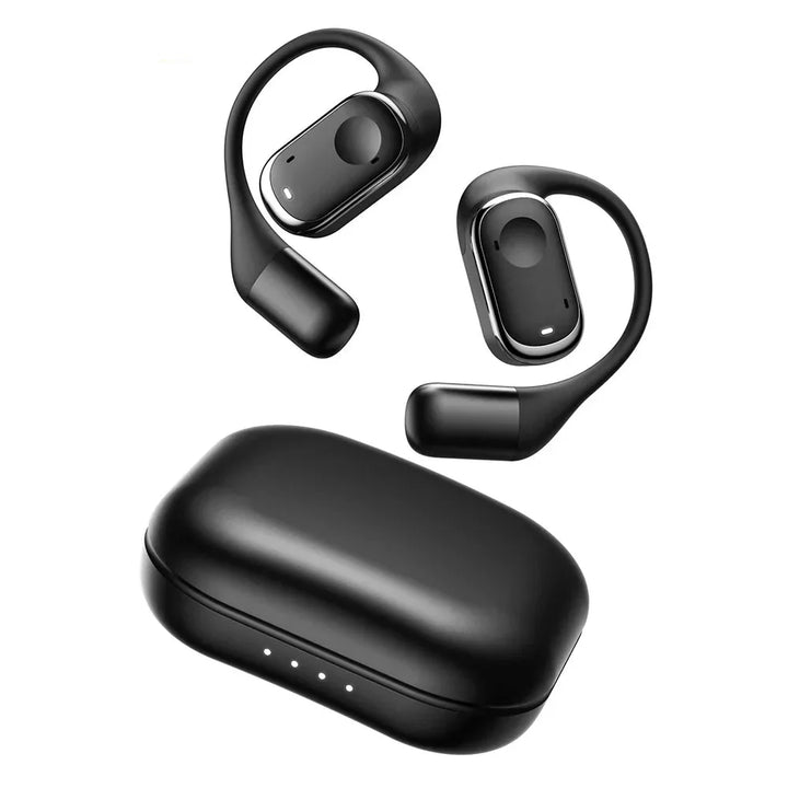 Trådlösa sporthörlurar med öppen design, perfekt för träning och aktiv livsstil. Vattentåliga med Bluetooth 5.3.