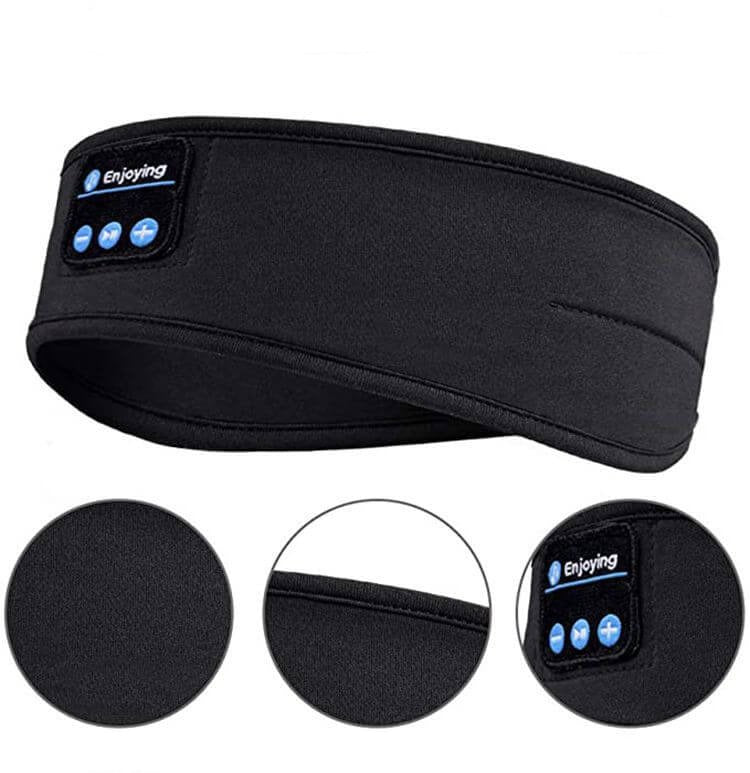 Trådlöst Bluetooth sportpannband med inbyggda hörlurar, svart, för löpning och träning.