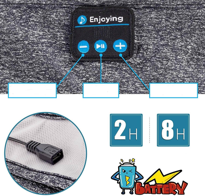 Man som använder trådlöst Bluetooth sportpannband som sovmask, blockerande ljus och spelar lugn musik.