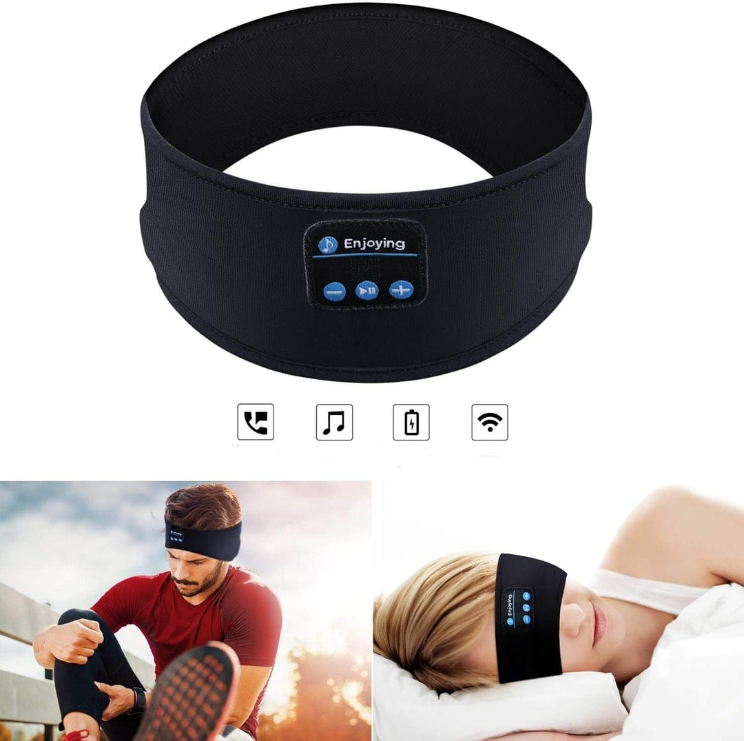 Flera trådlösa Bluetooth sportpannband i olika färger: svart, grå och blå, för sport och sömn.