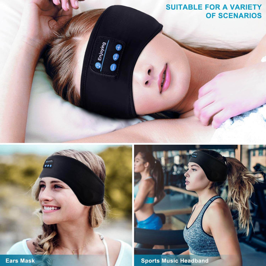 Huvudbonad med inbyggda trådlösa hörlurar, bekvämt Bluetooth pannband för sport och avkoppling.