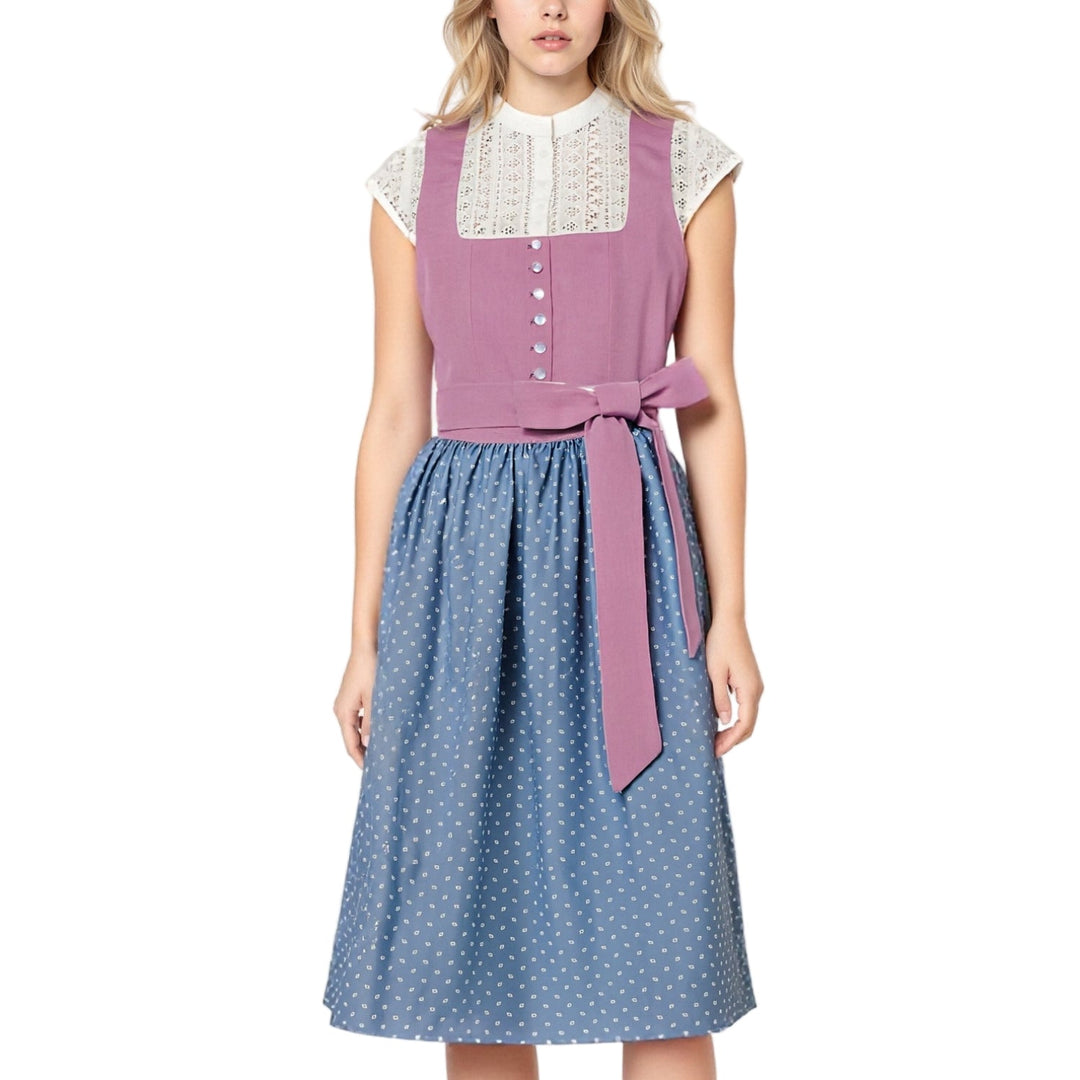 Traditionell kvinnors dirndlklänning för Oktoberfest, med broderier och matchande förkläde.