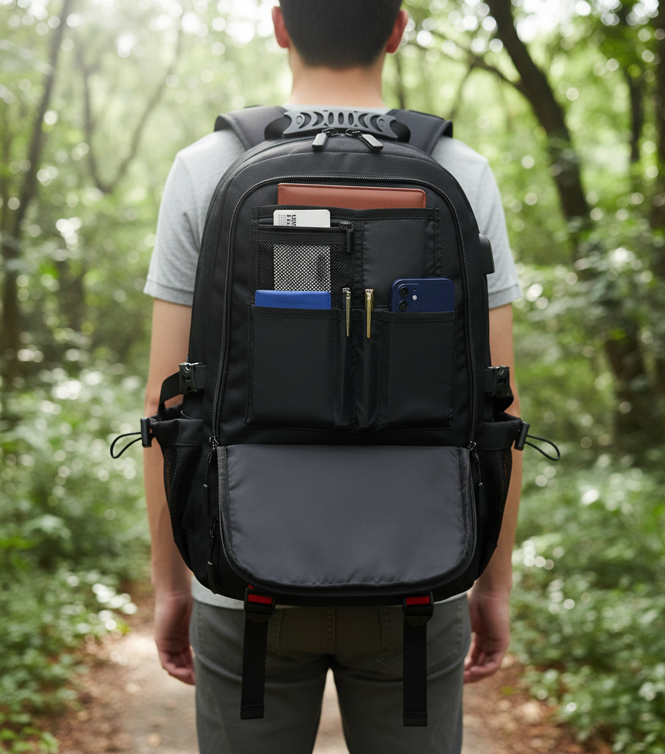 TravelMax vattentålig reseryggsäck med USB-laddning. Perfekt för bagage, vandring & pendling.