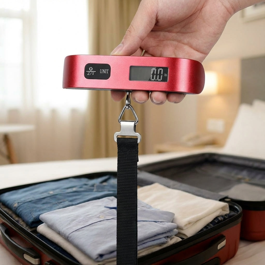 TravelWeigh digital bagagevåg. Kompakt resevåg för att väga resväskor och undvika övervikt.