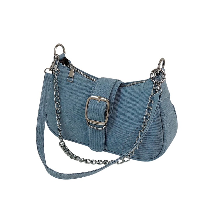 Trendig blå crossbody-väska för kvinnor i jeanslook, perfekt som vardagsaccessoar.