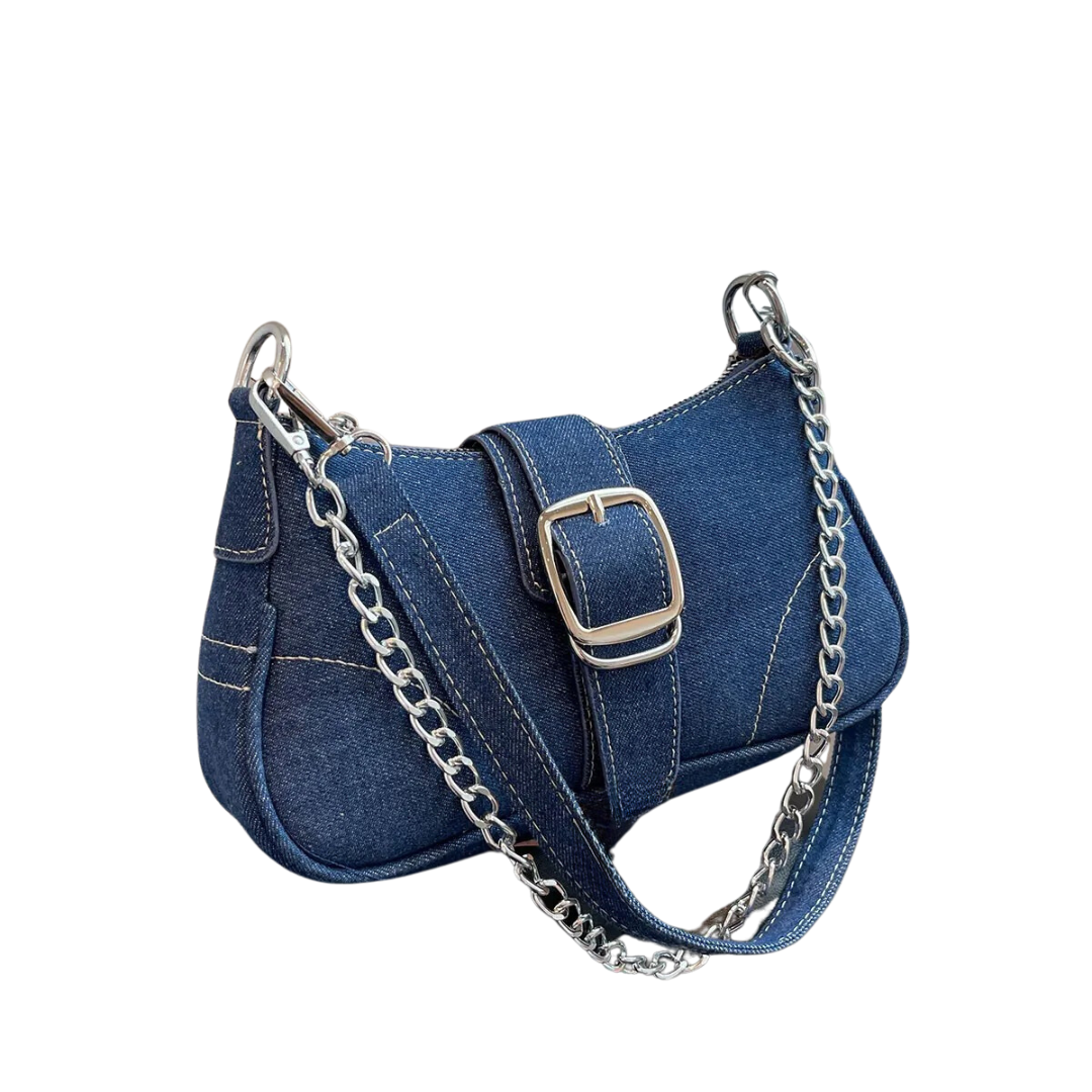 Kompakt blå crossbody-väska i jeansdesign, idealisk för vardagsbruk och stilfull look.