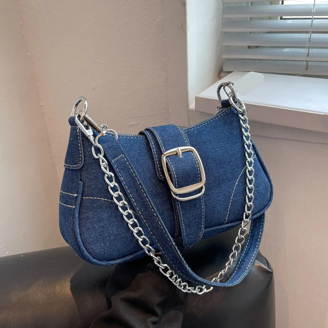 Kvinnors trendiga budväska med snygg jeanslook, en modern och praktisk axelremsväska.