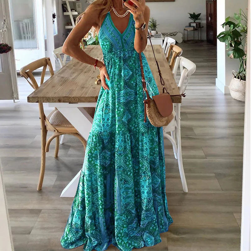 Avslappnad och bekväm dam maxiklänning. Boho-stil sommarklänning, mångsidig fritidsklädsel.